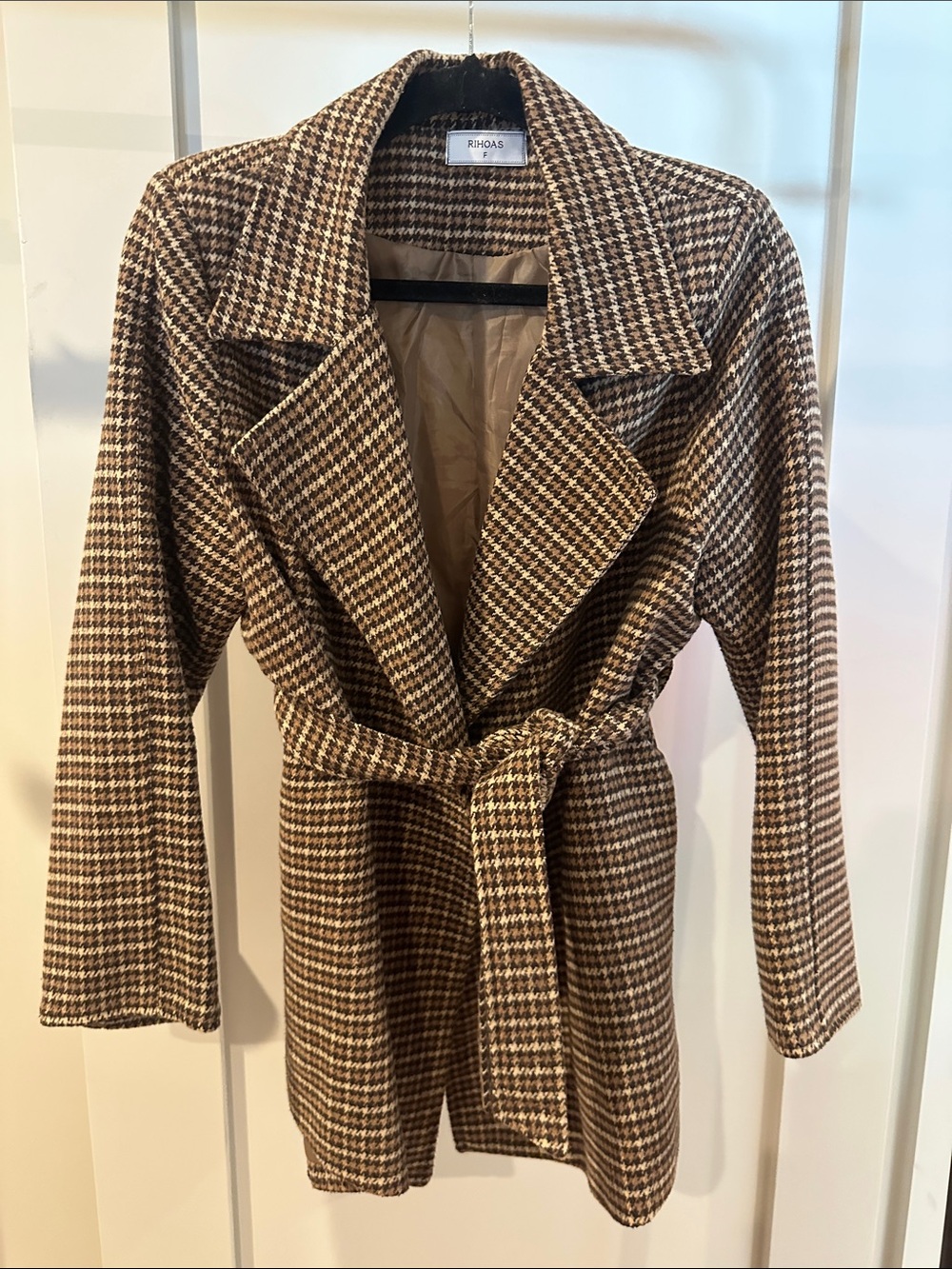 RIHOAS Brown Houndstooth Belted Trench Coat